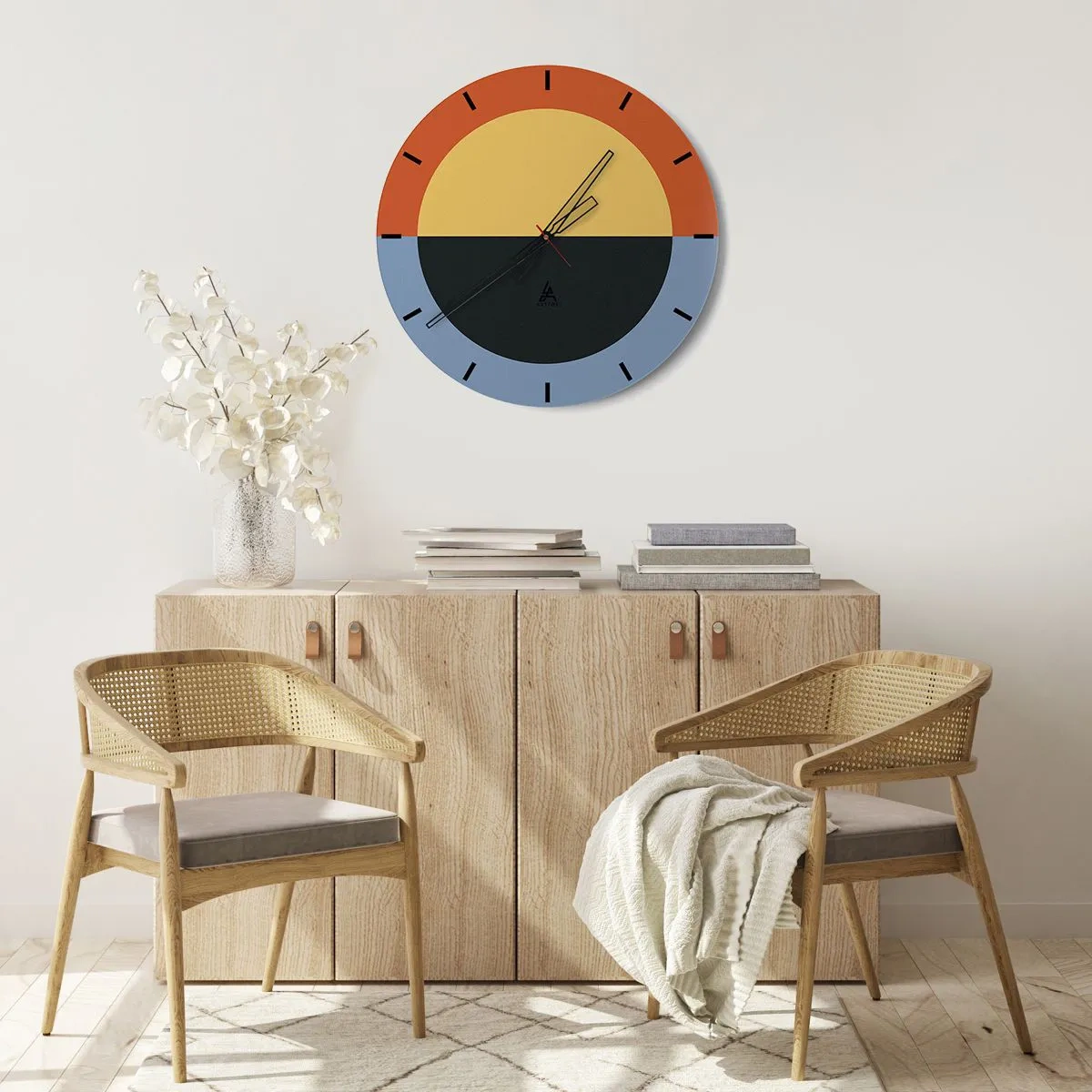 Ceas de perete - Ceas pe sticlă - Abstracție de culoare cu contrast de culoare - 30x30cm - O compoziție de căldură și răcoare - Decorațiune modernă pentru perete pentru living, bucătărie și dormitor ARTTOR