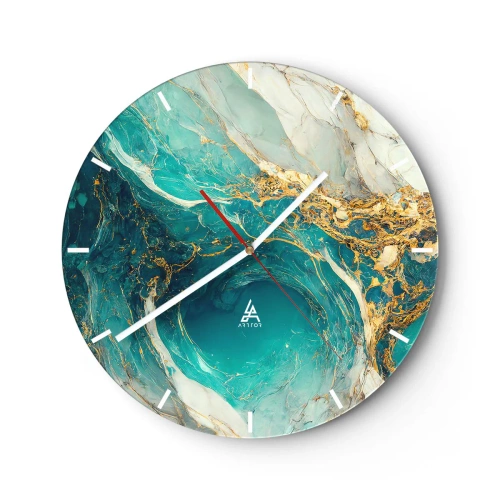 Ceas de perete - Ceas pe sticlă - Rezumat turcoaz cu model auriu învârtit - 30x30cm - Compoziție cu vene aurii - Decorațiune modernă pentru perete pentru living, bucătărie și dormitor ARTTOR