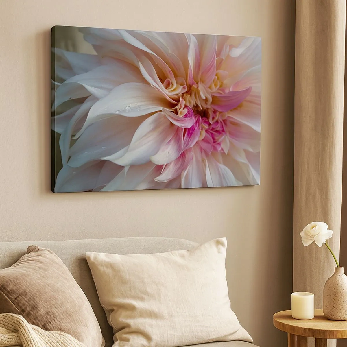 Tablou pe pânză Canvas - Prim-plan cu petale delicate de flori roz cu picături de apă - 70x50cm - Prospețime înfloritoare - Decorațiune modernă pentru perete pentru living și dormitor ARTTOR