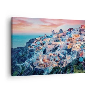Tablou pe pânză Canvas - Santorini la apus cu clădiri albe pe deal - 70x50cm - Vacanța ta grecească - Decorațiune modernă pentru perete pentru living și dormitor ARTTOR