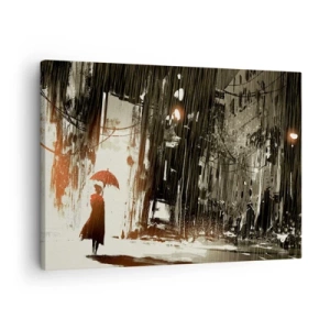 Tablou pe pânză Canvas - figură roșie cu o umbrelă într-o scenă ploioasă - 70x50cm - Poezia umbrelei roșii - Decorațiune modernă pentru perete pentru living și dormitor ARTTOR