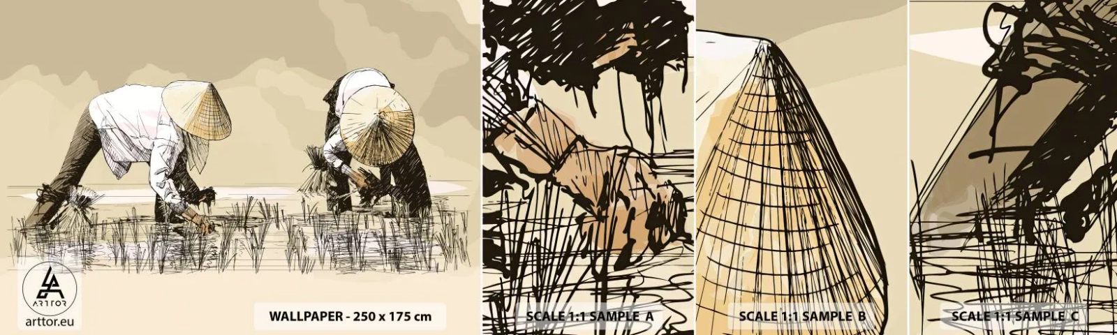 Mostră tapet autocolant Deluxe Sticker - O recoltă reușită - Asia, Plantația de orez, Câmp de orez - 100x30 cm