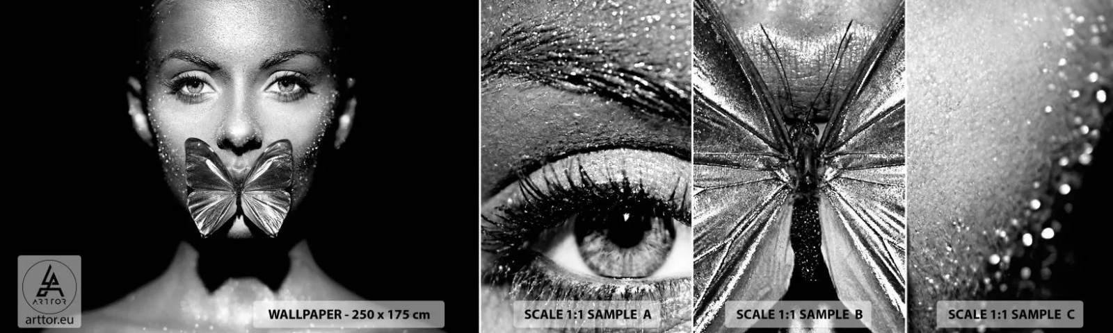 Mostră tapet autocolant Deluxe Sticker - Sărut de fluture - Abstracția, Femeie, Fluture - 100x30 cm