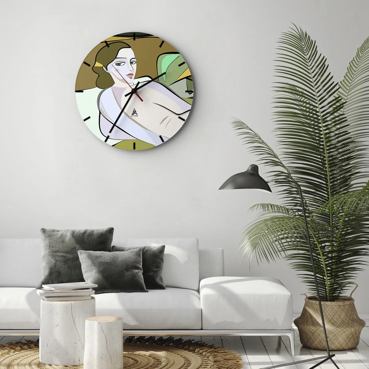 Ceas de perete - Ceas pe sticlă - O figură feminină în stil cubist pe un fundal abstract - 30x30cm - Portret intim - Decorațiune modernă pentru perete pentru living, bucătărie și dormitor ARTTOR