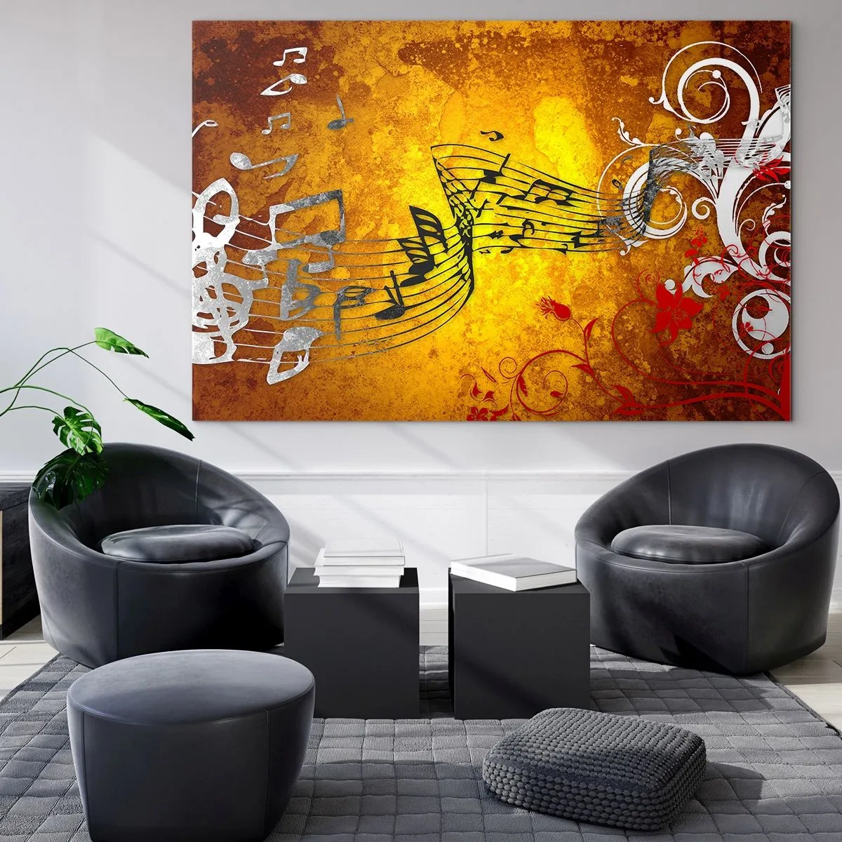 Tablou pe sticlă - Motive muzicale pe un fundal de ornamente aurii - 70x50cm - Lasă muzica să curgă - Decorațiune modernă pentru perete pentru living și dormitor ARTTOR