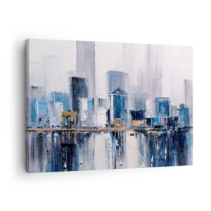 Tablou pe pânză Canvas - Panoramă abstractă a orașului cu nuanțe de albastru și galben - 70x50cm - Impresie de New York - Decorațiune modernă pentru perete pentru living și dormitor ARTTOR
