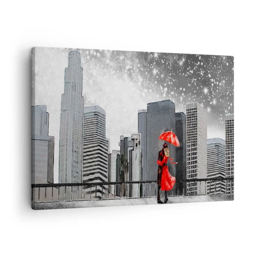 Tablou pe pânză Canvas - Un cuplu în roșu cu o umbrelă pe fundalul unui peisaj urban - 70x50cm - Un om, nu o piatră - Decorațiune modernă pentru perete pentru living și dormitor ARTTOR