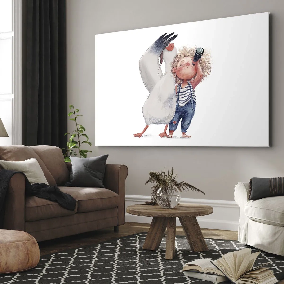 Tablou pe pânză Canvas - Ilustrație a unui copil cu un pelican și un telescop în mână - 70x50cm - Un plan pentru o călătorie minunată - Decorațiune modernă pentru perete pentru living și dormitor ARTTOR