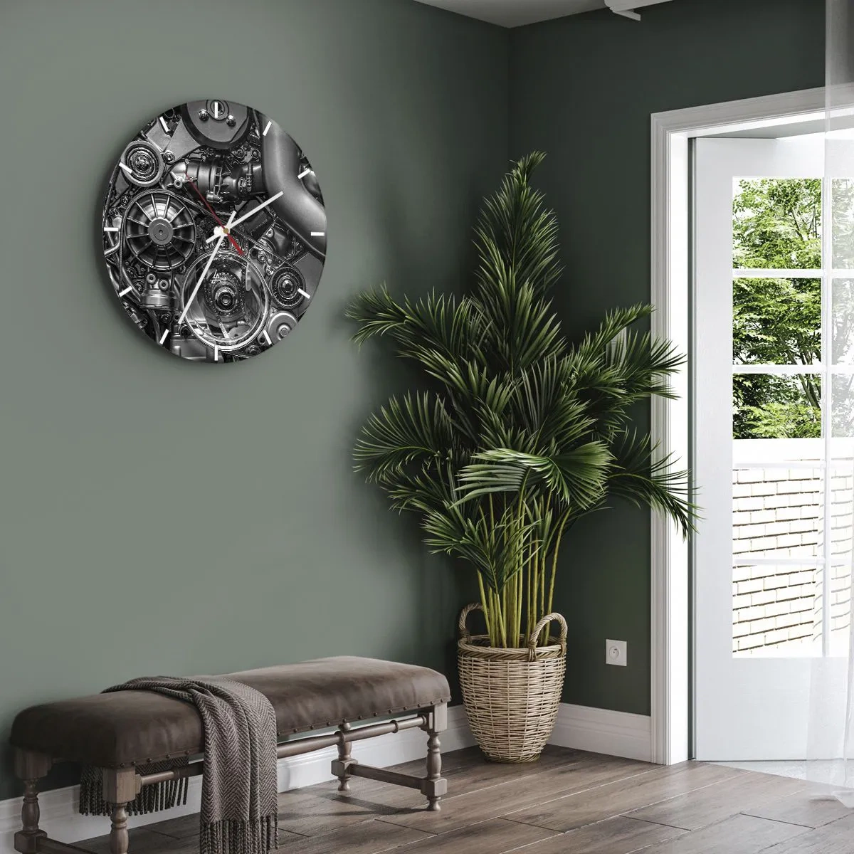 Ceas de perete - Ceas pe sticlă - Detaliu alb-negru al mecanismului unui motor de mașină - 30x30cm - Poezia mecanicii - Decorațiune modernă pentru perete pentru living, bucătărie și dormitor ARTTOR