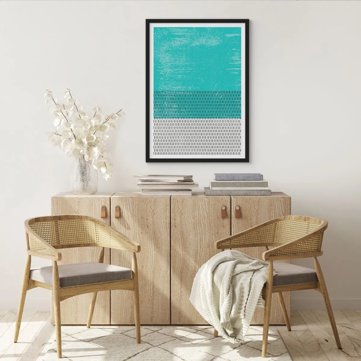 Poster în ramă neagră - Model geometric cu elemente turcoaz și albe într-un stil minimalist - 50x70cm - Compoziție echilibrată - Decorațiune modernă pentru perete pentru living și dormitor ARTTOR