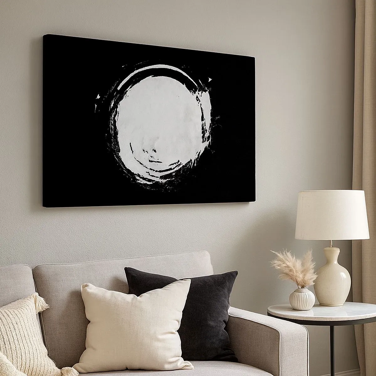 Tablou pe pânză Canvas - Un cerc alb pe fundal negru, într-un stil minimalist. - 70x50cm - O ieșire bună - Decorațiune modernă pentru perete pentru living și dormitor ARTTOR