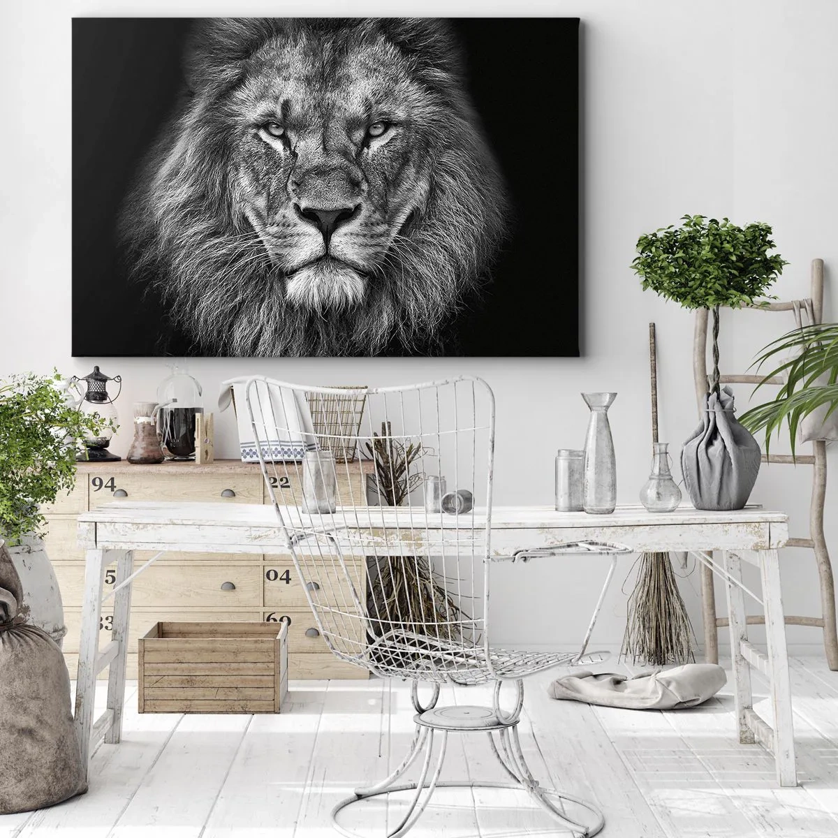Tablou pe pânză Canvas - Portretul unui leu maiestuos în alb și negru - 70x50cm - În ținuta de încoronare - Decorațiune modernă pentru perete pentru living și dormitor ARTTOR