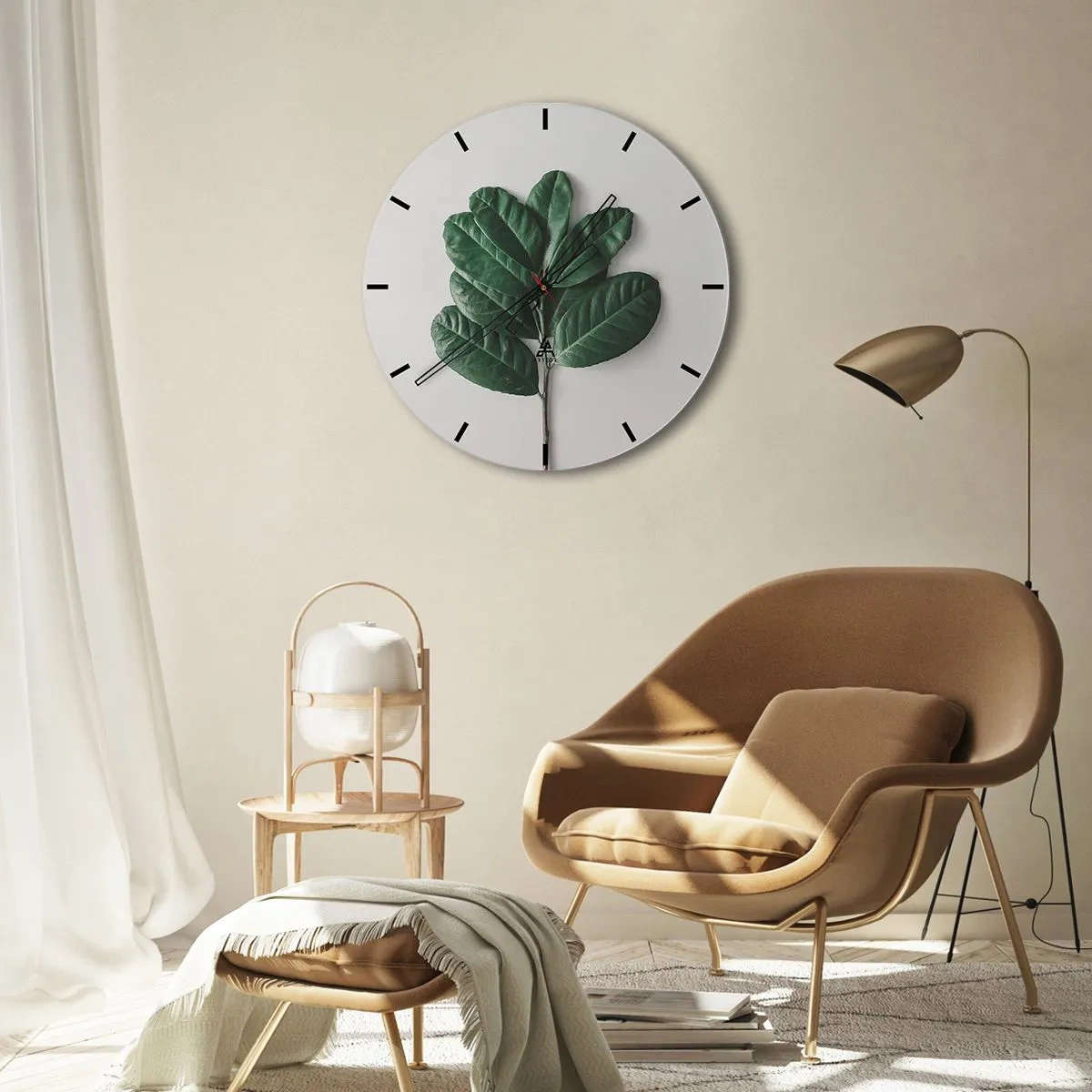 Ceas de perete - Ceas pe sticlă - O ramură verde cu frunze mari pe un fundal deschis - 30x30cm - Desenul naturii însăși - Decorațiune modernă pentru perete pentru living, bucătărie și dormitor ARTTOR