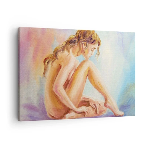 Tablou pe pânză Canvas - O figură delicată a unei femei pe un fundal pastel - 70x50cm - Gest de tinerețe - Decorațiune modernă pentru perete pentru living și dormitor ARTTOR