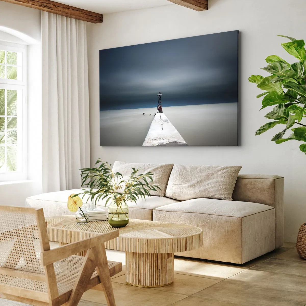 Tablou pe pânză Canvas - Un far la capătul unui dig de beton într-un peisaj auster - 70x50cm - Pentru a întâlni infinitul - Decorațiune modernă pentru perete pentru living și dormitor ARTTOR
