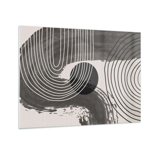 Tablou pe sticlă - Abstracție modernă cu linii albe și negre și un oval - 70x50cm - Ovalul câștigă - Decorațiune modernă pentru perete pentru living și dormitor ARTTOR