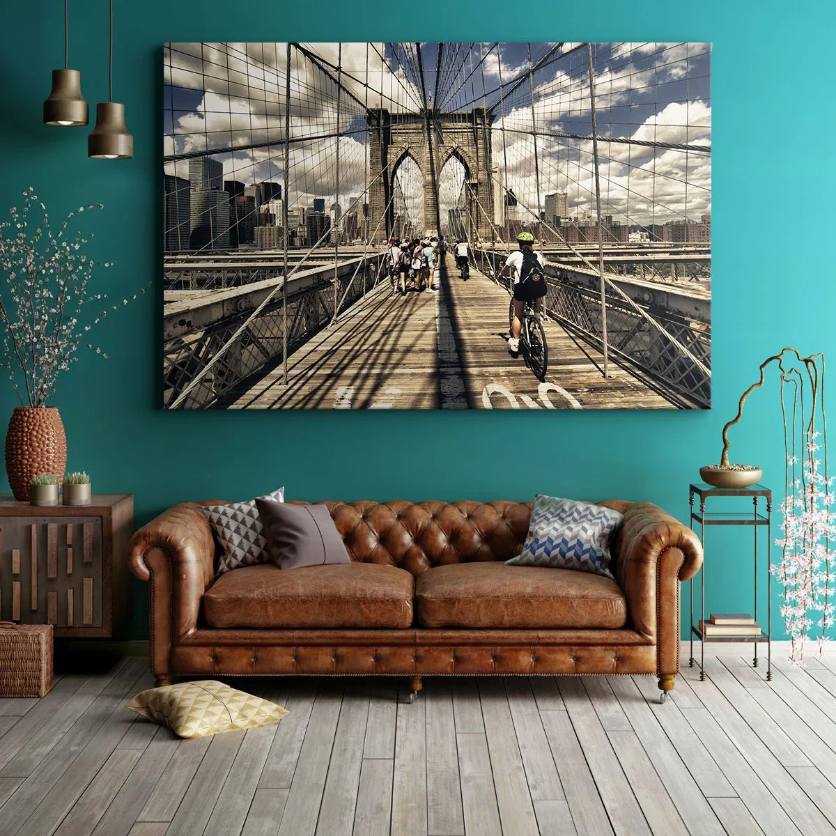 Tablou pe pânză Canvas - Podul Brooklyn cu vedere spre pietoni și bicicliști - 70x50cm - Chiar în inima orașului - Decorațiune modernă pentru perete pentru living și dormitor ARTTOR