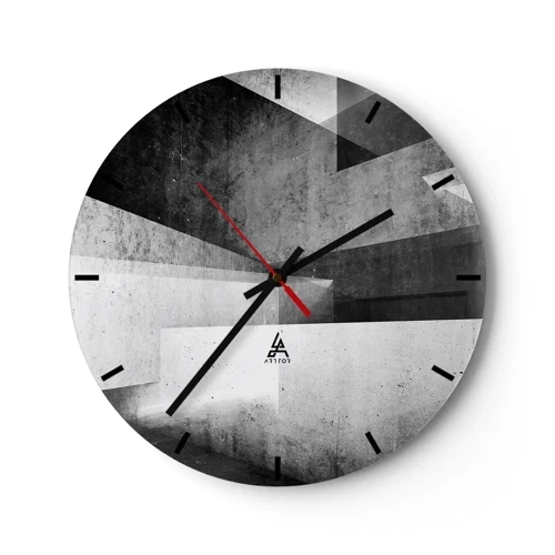 Ceas de perete - Ceas pe sticlă - Structură geometrică în nuanțe de gri - 30x30cm - Structura spațiului - Decorațiune modernă pentru perete pentru living, bucătărie și dormitor ARTTOR
