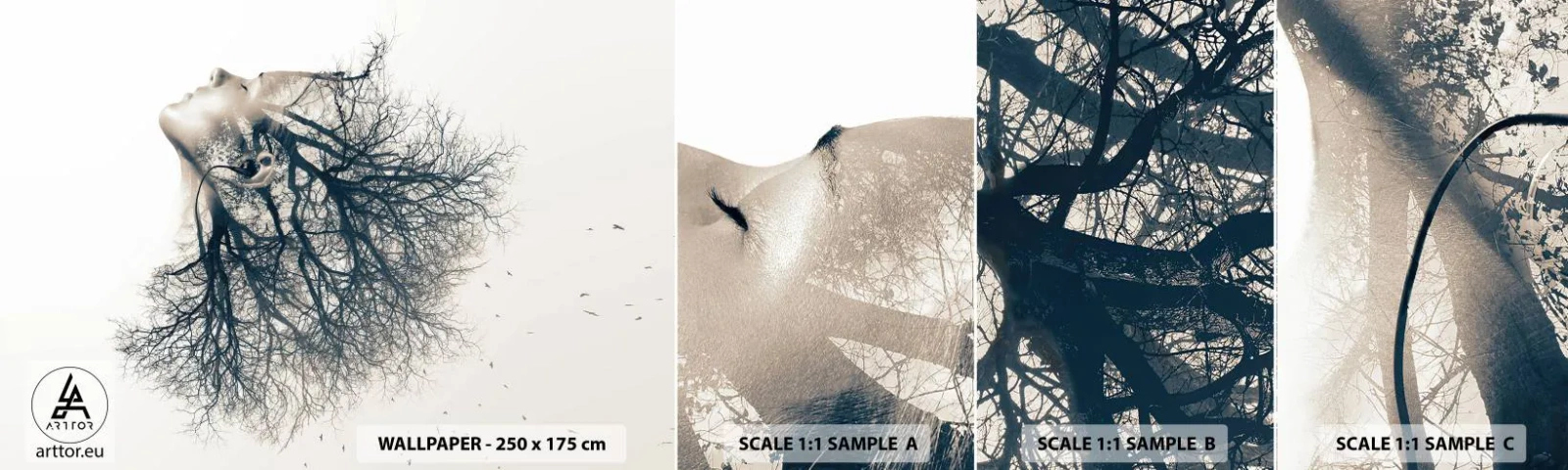 Mostră tapet autocolant Deluxe Sticker - Ascultând șoapta copacului - Abstracția, Chipul de femeie, Copac - 100x30 cm