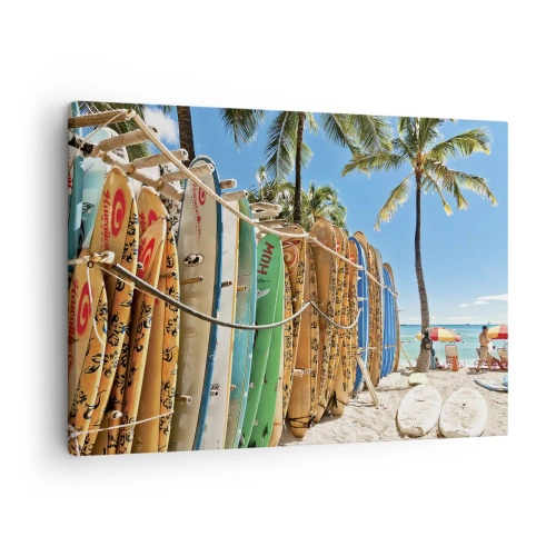 Tablou pe pânză Canvas - Placi de surf pe o plajă cu palmieri - 70x50cm - Distracție însorită - Decorațiune modernă pentru perete pentru living și dormitor ARTTOR