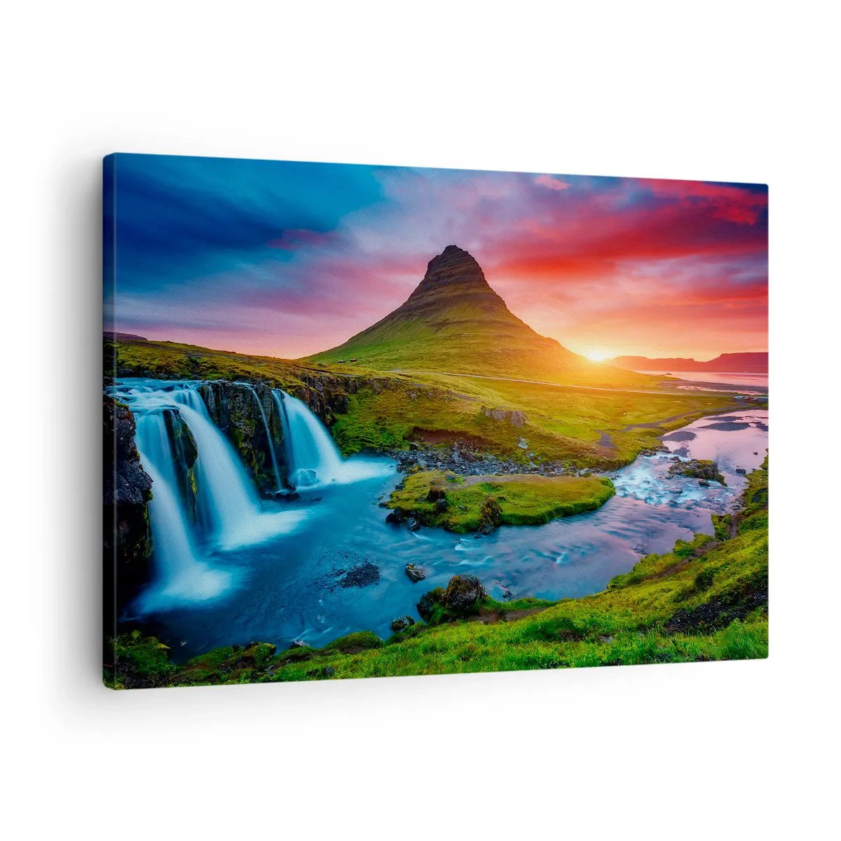 Tablou pe pânză Canvas - Cascadă pitorească și munte la apus - 70x50cm - Islanda - foc și apă - Decorațiune modernă pentru perete pentru living și dormitor ARTTOR