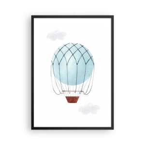 Poster în ramă neagră - Un balon cu aer cald în acuarelă plutind printre nori - 50x70cm - Complet în nori - Decorațiune modernă pentru perete pentru living și dormitor ARTTOR