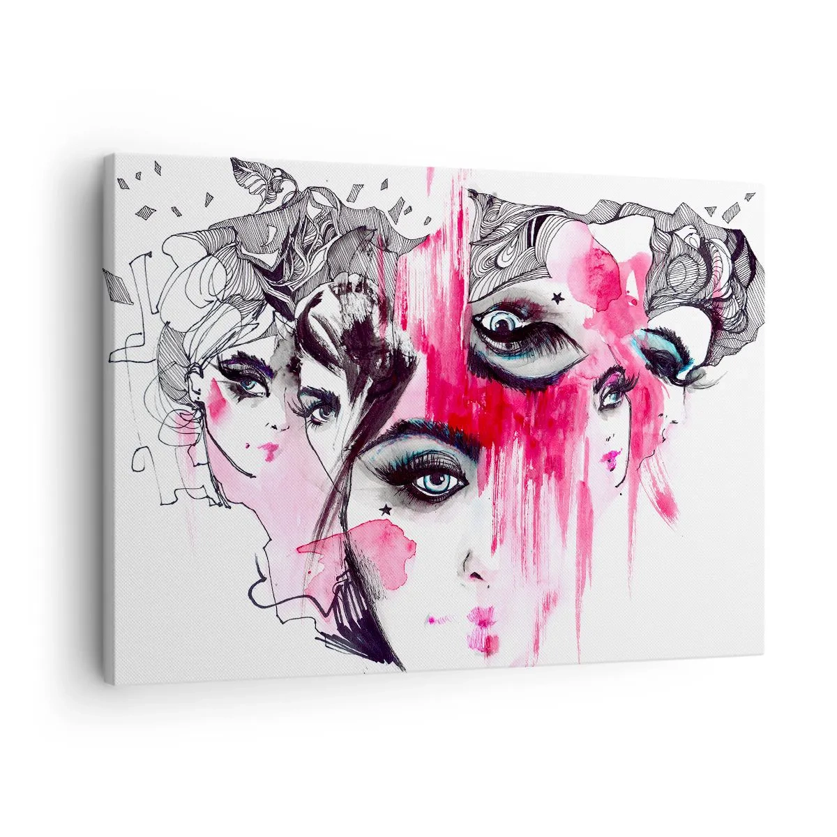 Tablou pe pânză Canvas - Față abstractă în nuanțe de roz și negru - 70x50cm - Ochii abstracți - Decorațiune modernă pentru perete pentru living și dormitor ARTTOR