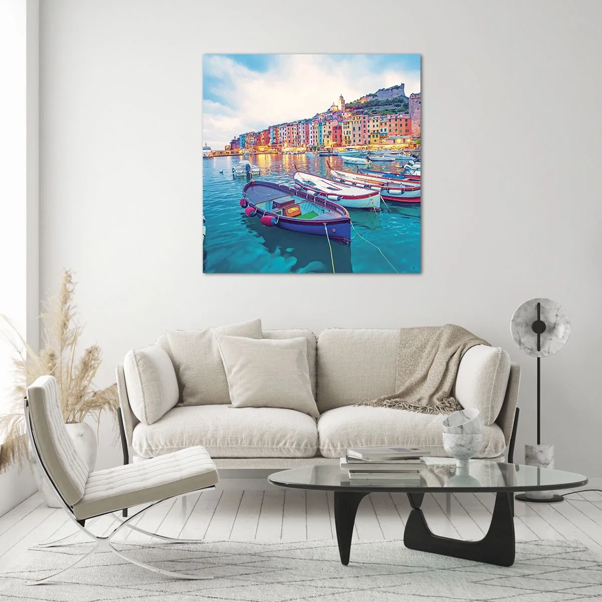 Tablou pe sticlă - O seară plină de culoare în port - 30x30 cm