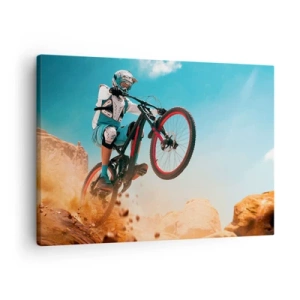 Tablou pe pânză Canvas - Un ciclist de munte execută o săritură pe un fundal de stânci - 70x50cm - Nebunia demonului bicicletei - Decorațiune modernă pentru perete pentru living și dormitor ARTTOR
