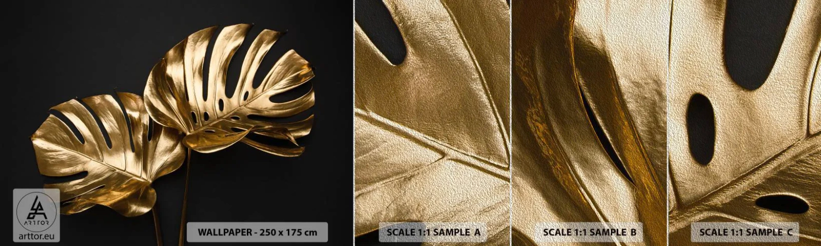 Mostră tapet Premium Sand - Comorile naturii - Abstracția, Frunze aurii, Frunza de monstera - 100x30 cm