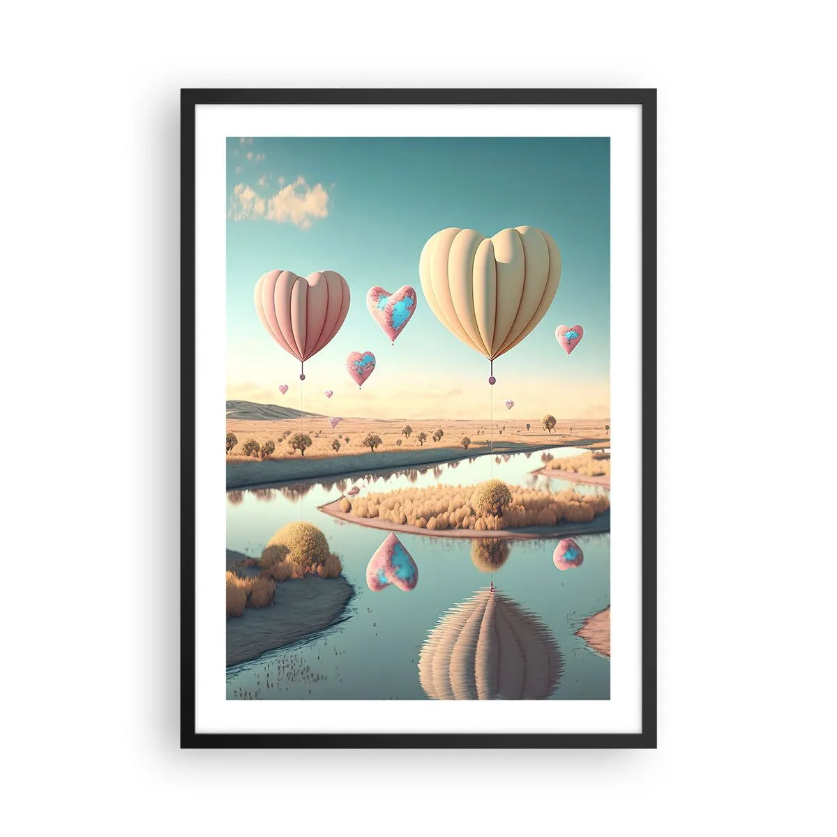 Poster în ramă neagră - Baloane în formă de inimă plutind deasupra peisajului - 50x70cm - Iubirea ne înalță - Decorațiune modernă pentru perete pentru living și dormitor ARTTOR