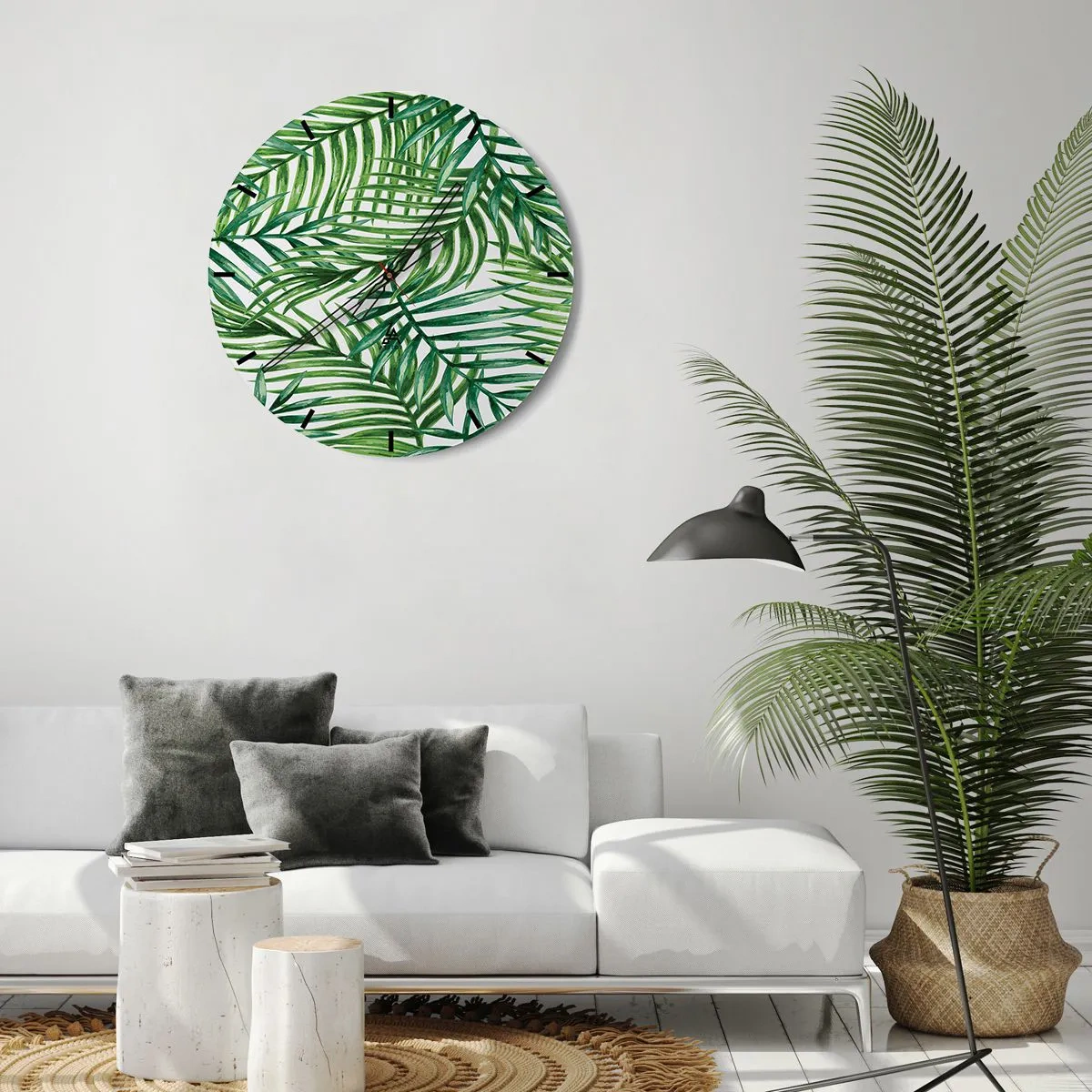 Ceas de perete - Ceas pe sticlă - Frunze verzi de palmier aranjate într-o compoziție densă - 30x30cm - Sub bolta verde - Decorațiune modernă pentru perete pentru living, bucătărie și dormitor ARTTOR