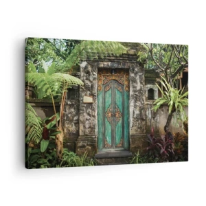 Tablou pe pânză Canvas - Uși decorative înconjurate de vegetație tropicală - 70x50cm - O ușă către o lume exotică - Decorațiune modernă pentru perete pentru living și dormitor ARTTOR