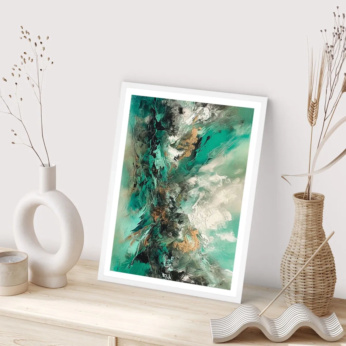 Poster în ramă albă - Fierbere negru-smarald - 50x70 cm