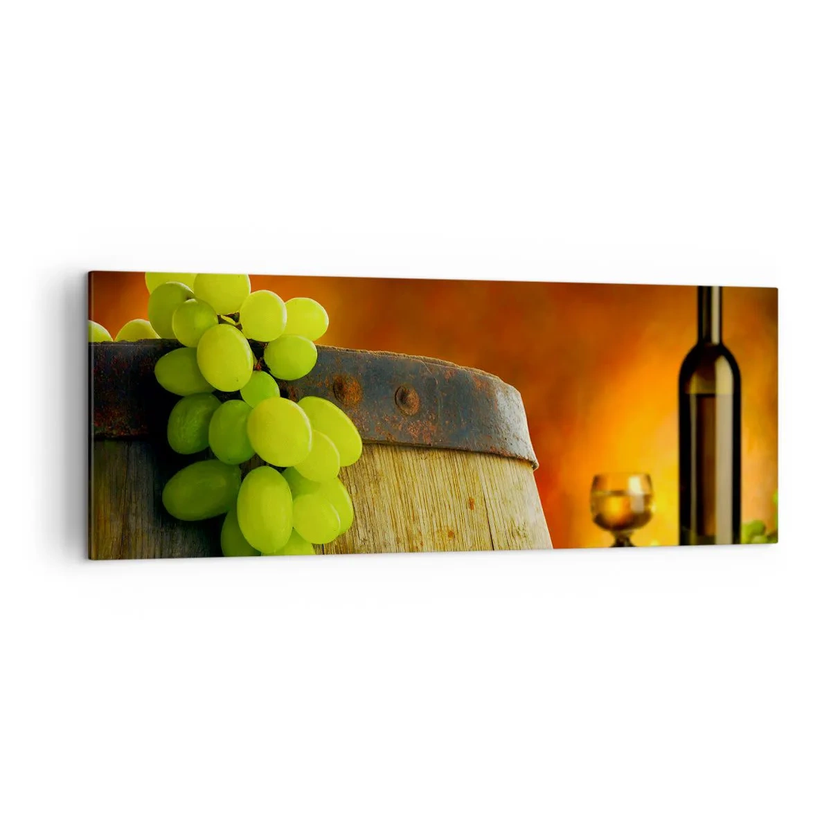 Tablou pe pânză - Natură moartă cu o sticlă de vin și un ciorchine de struguri - 140x50 cm