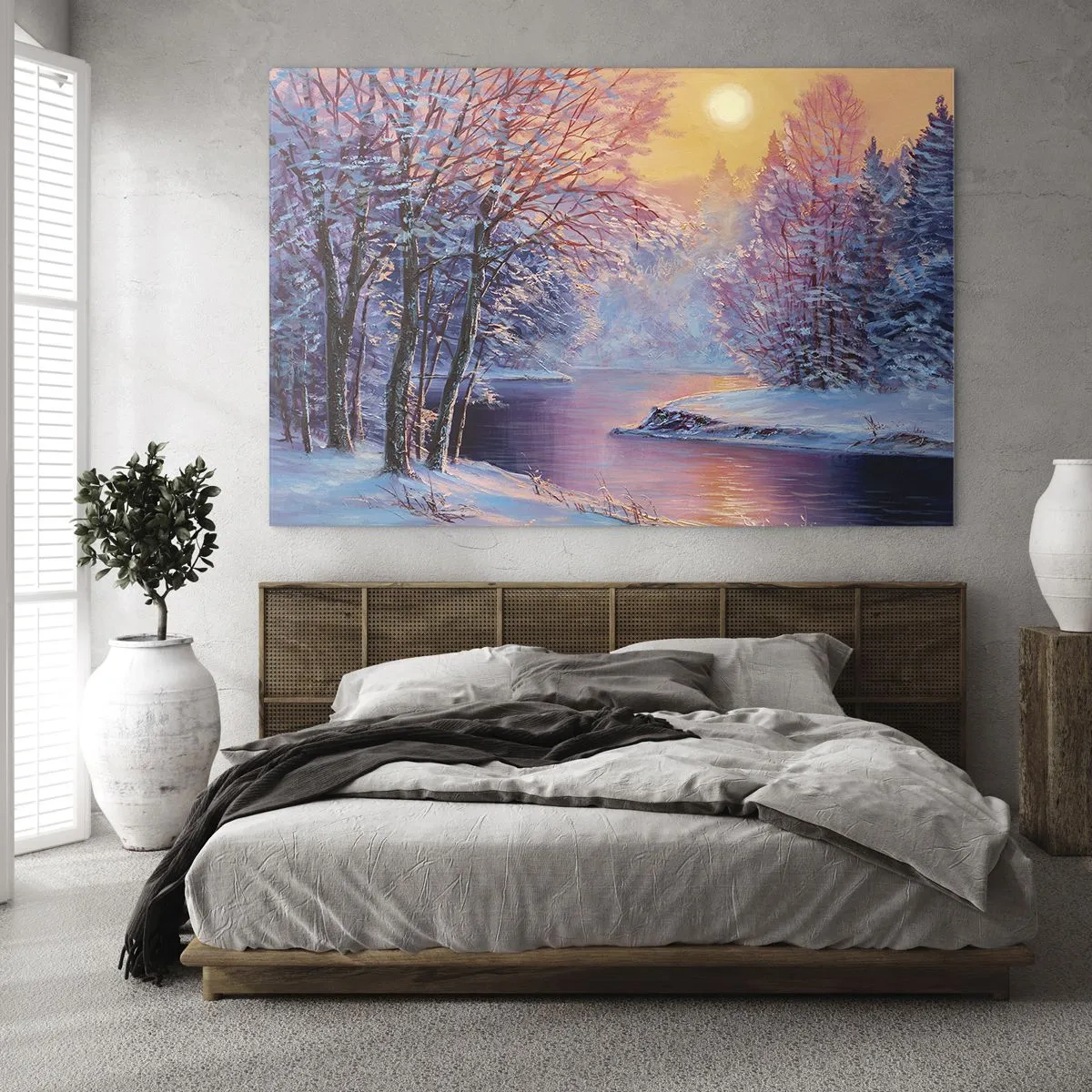 Tablou pe sticlă - Peisaj de iarnă cu un râu și un apus de soare - 70x50cm - Culorile iernii - Decorațiune modernă pentru perete pentru living și dormitor ARTTOR
