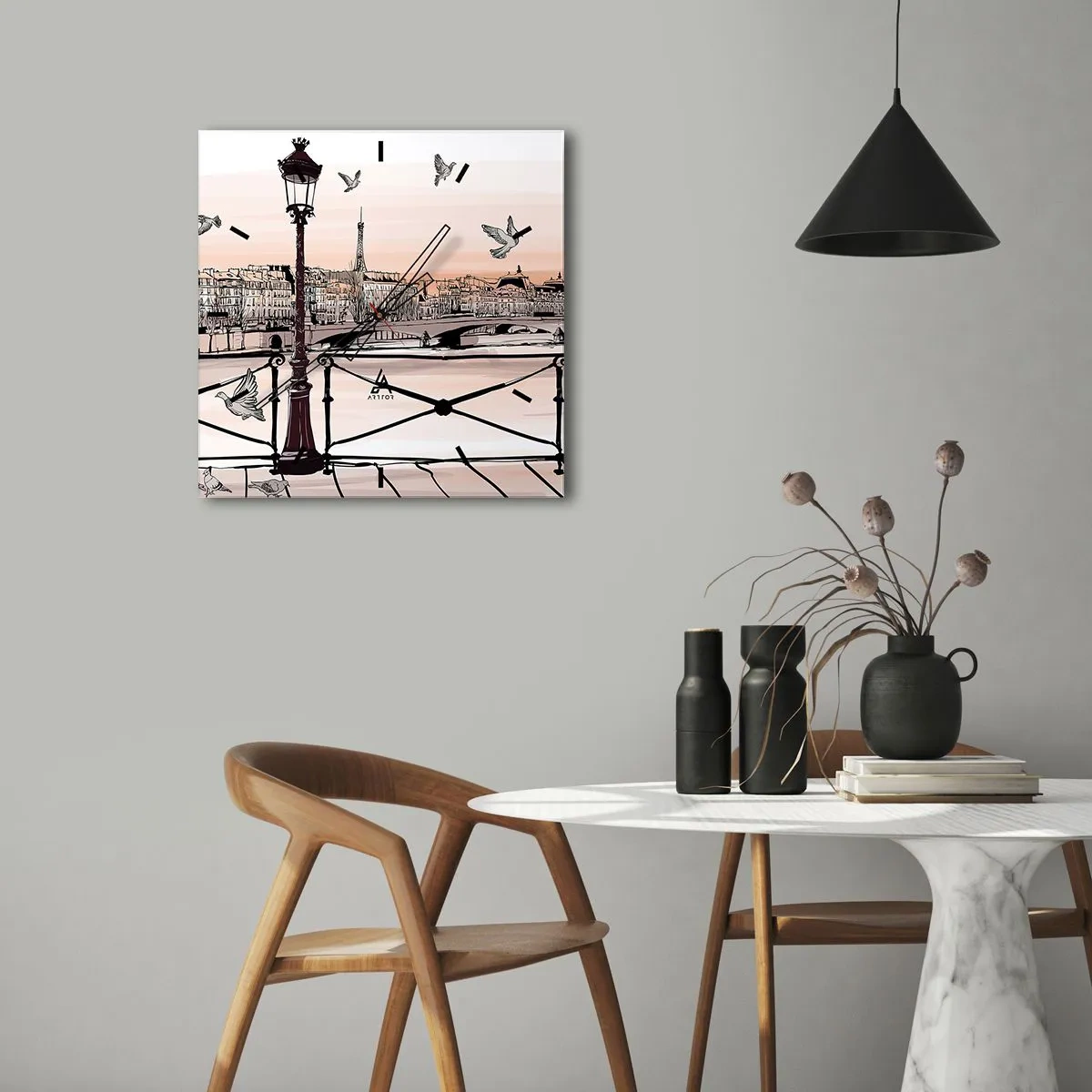 Ceas de perete - Ceas pe sticlă - Deasupra acoperișurilor Parisului - 30x30 cm