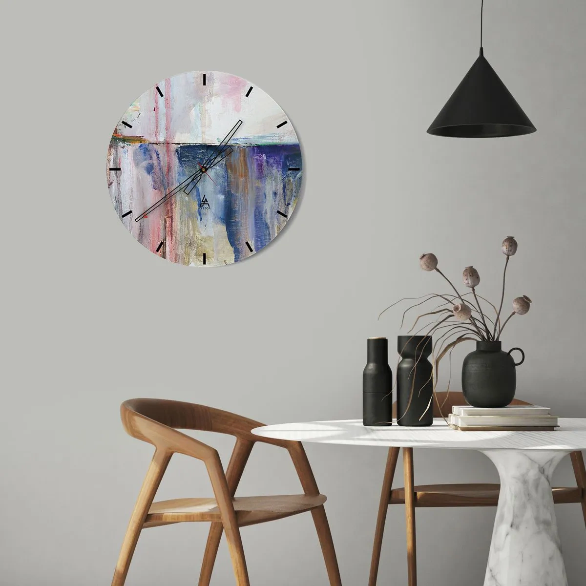Ceas de perete - Ceas pe sticlă - O compoziție picturală cu stropi de culoare în nuanțe de albastru și roz. - 30x30cm - Impresii și asociații colorate - Decorațiune modernă pentru perete pentru living, bucătărie și dormitor ARTTOR