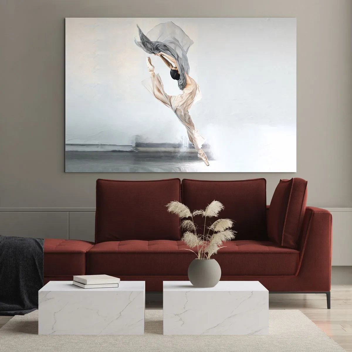 Tablou pe sticlă - O balerină execută o săritură dinamică în lumină blândă. - 70x50cm - În exaltare de dans - Decorațiune modernă pentru perete pentru living și dormitor ARTTOR