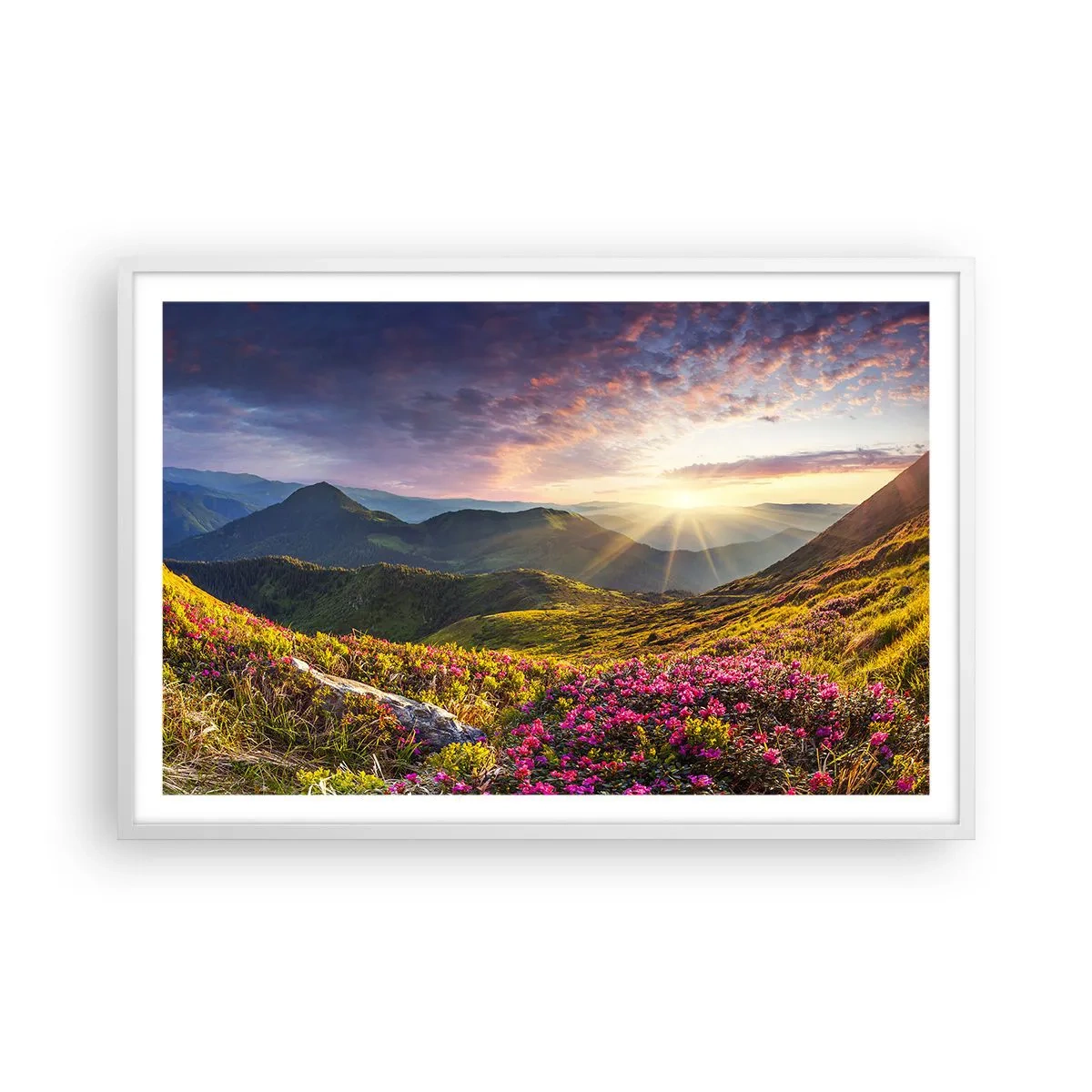 Poster în ramă albă - Prospețimea unei dimineți de munte - 91x61 cm