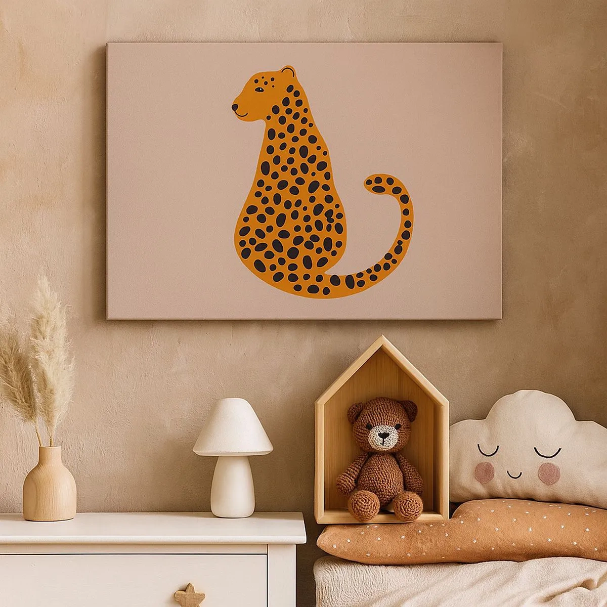 Tablou pe pânză Canvas - Un desen minimalist al unei pantere pe un fundal bej - 70x50cm - Modelul leopard este tot timpul la modă - Decorațiune modernă pentru perete pentru living și dormitor ARTTOR
