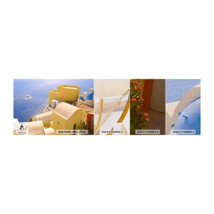 Mostră tapet Premium Canvas - Peisaj grecesc în alb și albastru - Peisaj, Santorini, Grecia - 100x30 cm