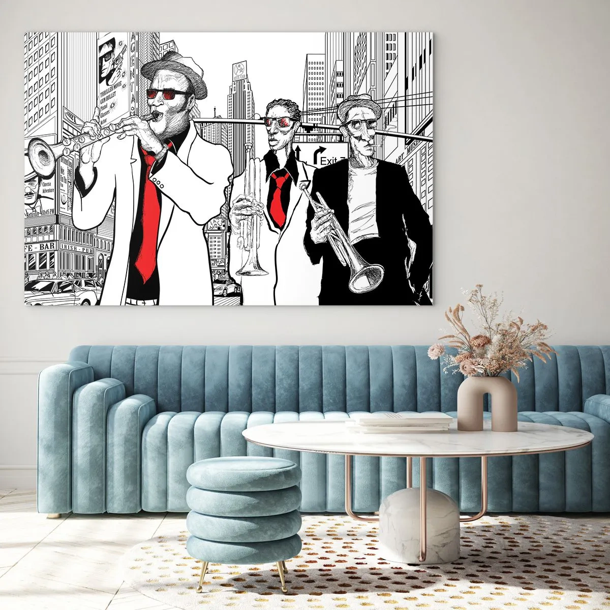 Tablou pe sticlă - O trupă de jazz stradală cu un stil grafic modern. - 70x50cm - Rapsodie urbană în negru și roșu - Decorațiune modernă pentru perete pentru living și dormitor ARTTOR