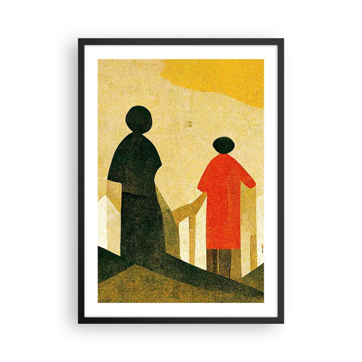 Poster în ramă neagră - Siluete geometrice ale figurilor pe fundalul unui peisaj abstract - 50x70cm - Încă un drum lung de parcurs - Decorațiune modernă pentru perete pentru living și dormitor ARTTOR