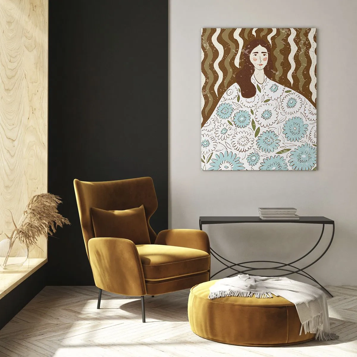 Tablou pe sticlă - Portret în rochie înflorată - 70x100 cm