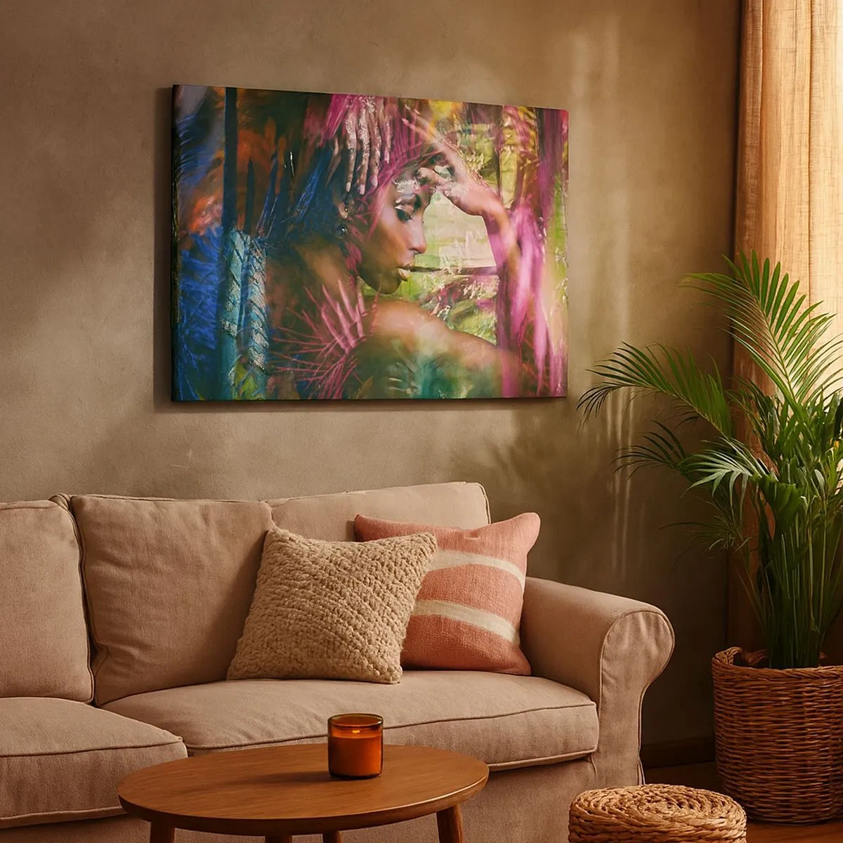 Tablou pe pânză Canvas - Portretul unei femei înconjurate de vegetație exotică - 70x50cm - Mama Natură în junglă - Decorațiune modernă pentru perete pentru living și dormitor ARTTOR