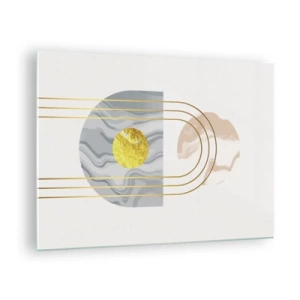 Tablou pe sticlă - Pictură abstractă în auriu și gri - 70x50cm - Lumină și strălucire - Decorațiune modernă pentru perete pentru living și dormitor ARTTOR