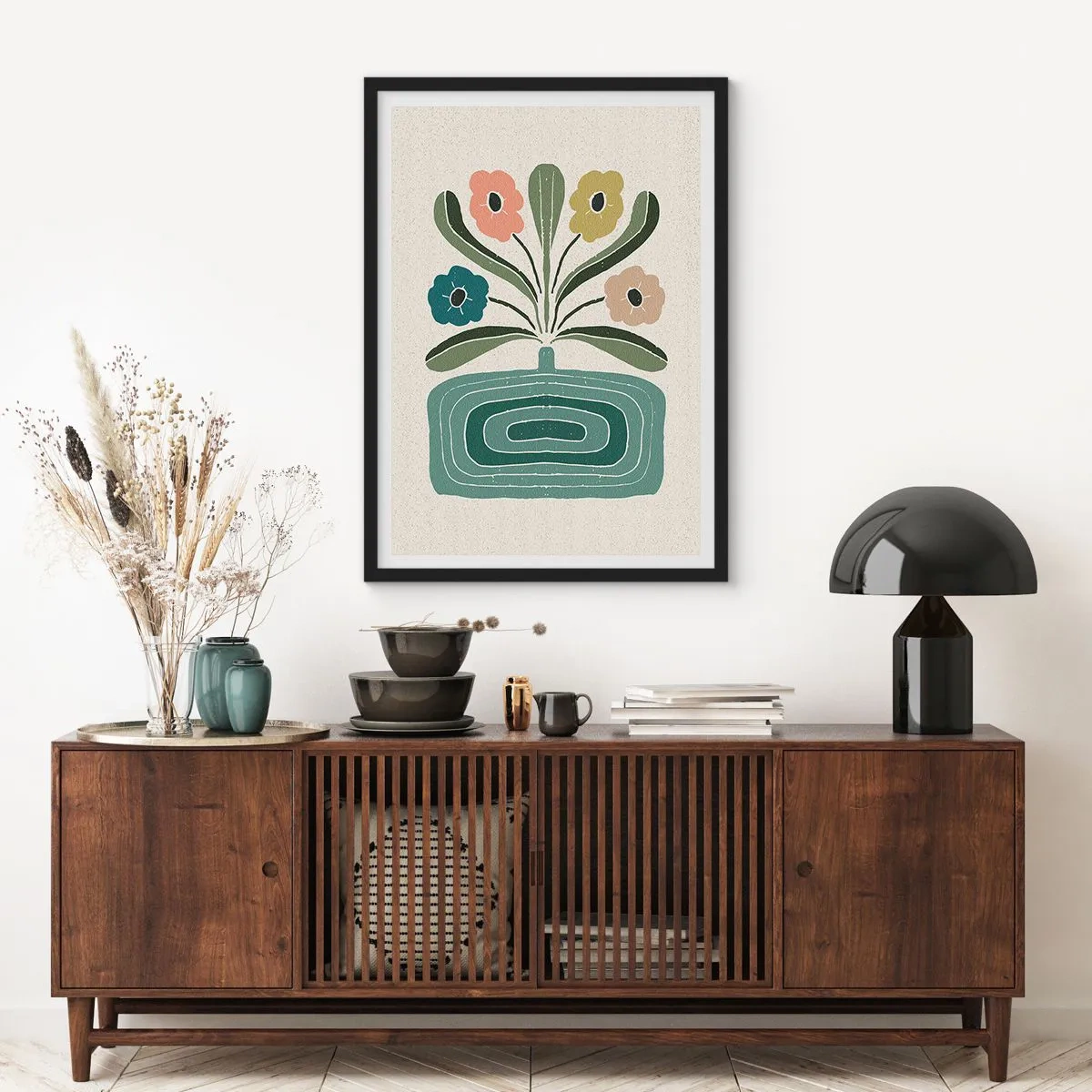 Poster în ramă neagră - Flori stilizate într-o compoziție grafică - 50x70cm - Buchet simetric - Decorațiune modernă pentru perete pentru living și dormitor ARTTOR