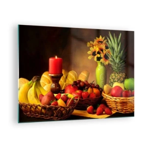 Tablou pe sticlă - O compoziție de fructe, pâine și o lumânare în stil rustic - 70x50cm - Natură moarte cu pâine și fructe - Decorațiune modernă pentru perete pentru living și dormitor ARTTOR