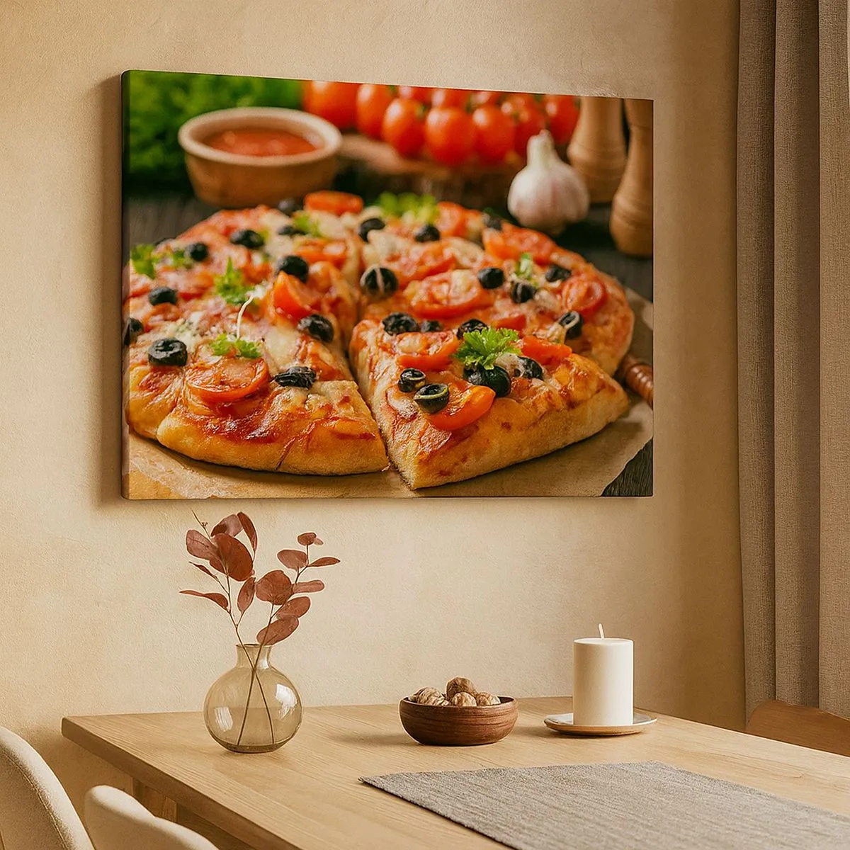 Tablou pe pânză Canvas - Pizza cu roșii, măsline și ierburi proaspete pe masă - 70x50cm - Ai scăpat din nou - Decorațiune modernă pentru perete pentru living și dormitor ARTTOR